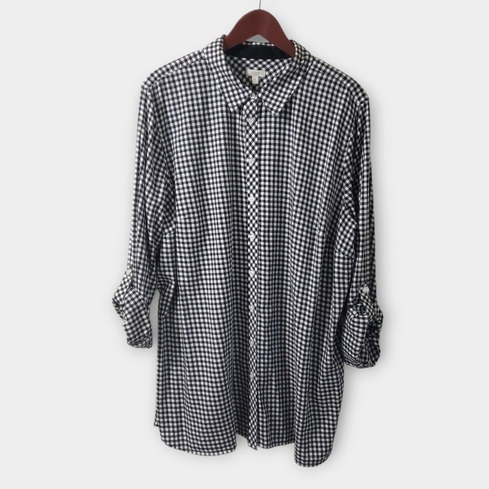 Talbots Woman 3X Black White Gingham Cotton Roll Tab Sleeve Button Up Shirt